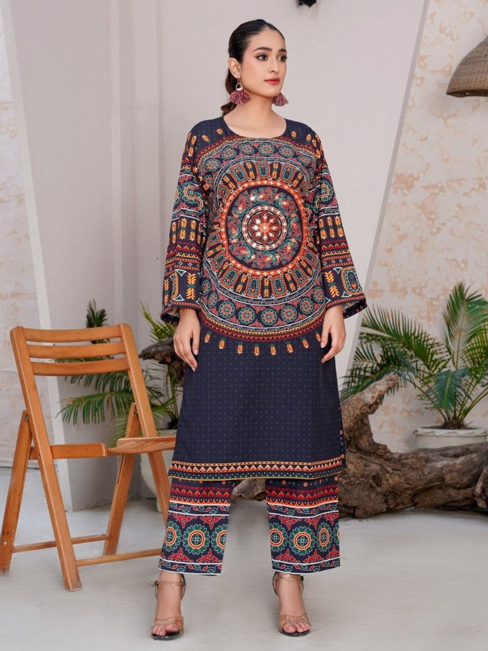 Mirror Embroidered & Printed 2-Piece Dress