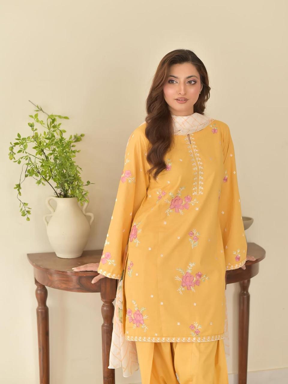 Sunaina – Fully Embroidered 3-Piece Suit with Farshi Shalwar (Stitched)